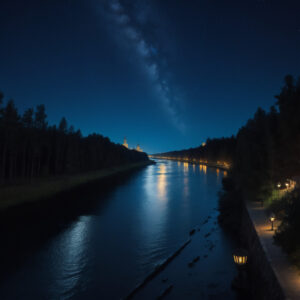 星の軌跡と街灯に照らされる静かな夜の川 / Quiet nighttime river lit by streetlights with star trails overhead
