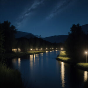 川沿いに並ぶ光と月明かりに照らされた山々 / Lights along a riverbank with moonlit mountains in the background