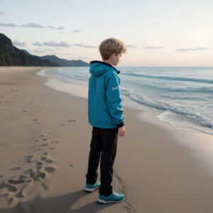 海辺で静かに立つパーカー姿の少年 / Boy in a hoodie standing quietly by the ocean