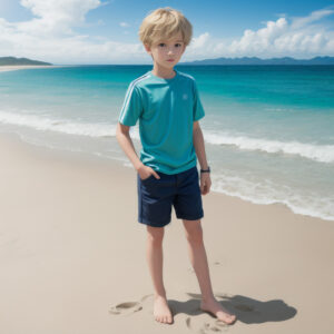 海岸線に沿って立つ水色のシャツを着た少年 / Boy in light blue shirt standing by the shoreline