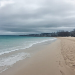 曇り空の下、ひっそりとした冬の砂浜と波打ち際 / Quiet winter sandy beach and shoreline under cloudy sky