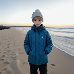 青いジャケットとニット帽を着た少年が冬の砂浜に立つ / Boy in blue jacket and knit hat standing on a winter beach