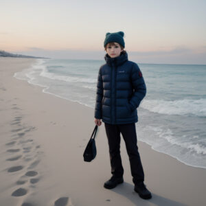 砂浜に足跡を残しながら海辺に立つ黒い服の少年 / Boy in dark clothing standing near the sea with footprints on the sand
