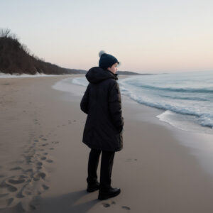 夕暮れ時、冬の海を見つめる厚着の少年 / Bundled-up boy gazing at the winter sea at dusk