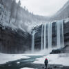 凍った湖の前に立つ人物と巨大な氷の滝 / Person standing before a frozen lake and massive icy waterfall