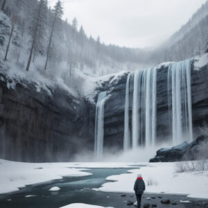 凍った湖の前に立つ人物と巨大な氷の滝 / Person standing before a frozen lake and massive icy waterfall