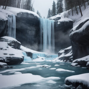 氷柱のように固まった滝が岩を包み込む風景 / Frozen waterfall cascading like icicles over rugged rocks