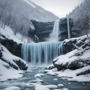 山間の谷に広がる神秘的な氷の滝 / Mysterious frozen waterfall nestled in a mountain valley