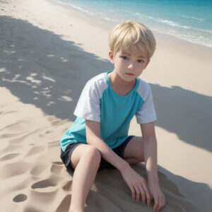 夏の白い砂浜に座る金髪の少年 / Blonde boy sitting on summer white sandy beach