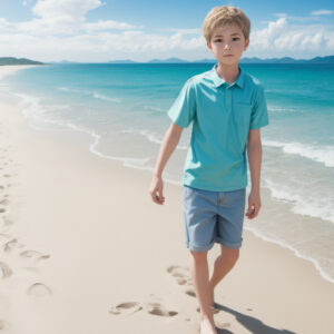 ターコイズブルーの海岸を歩く少年 / Boy walking on turquoise summer beach
