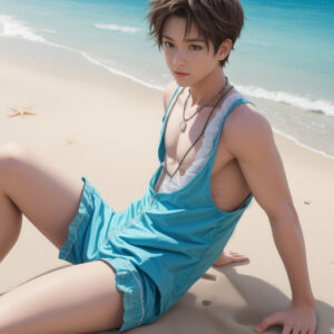 夏の海辺で座ってポーズをとる若者 / Youth posing while sitting on a summer beach shore