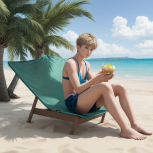 椰子の木の下でジュースを飲むリラックスした少年 / Relaxed boy drinking juice under a palm tree on the beach
