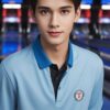 ライトブルーのボウリングウェアを着た青年がレーン前で穏やかに佇む A young man in light blue bowling wear standing calmly in front of the lanes
