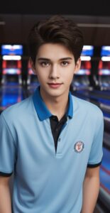 ライトブルーのボウリングウェアを着た青年がレーン前で穏やかに佇む A young man in light blue bowling wear standing calmly in front of the lanes