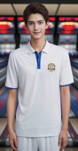白いボウリングウェアの青年がピンの見えるレーン前で直立する A young man in a white bowling uniform standing upright in front of the lanes with visible pins