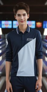 ネイビーとグレーのスポーティーなウェアを着た青年がボウリング場で笑顔を見せる A young man in sporty navy and gray wear smiling in a bowling alley