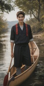 木製カヌーに立つ青年が赤いパドルを手に微笑む、夕暮れの湖畔での一コマ A young man standing in a wooden canoe with a red paddle, smiling by a lakeside at dusk