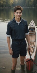 静かな湖でカヌーの横に立つ青年、濃紺のウェアと笑顔が印象的 A young man in dark blue wear standing beside a canoe on a calm lake, with a charming smile