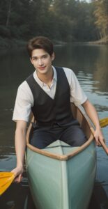 グリーンのカヌーに座って水面を見つめる青年、森林の中の穏やかな光景 A young man sitting in a green canoe gazing at the water, surrounded by a peaceful forest scene