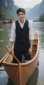 ベスト姿の青年が木製カヌーに立ち上がる、山々と湖に囲まれた絶景の中 A young man in a vest standing in a wooden canoe, set against a backdrop of mountains and lake