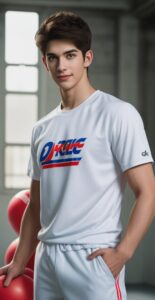 白いユニフォーム姿の青年が赤いドッジボールを抱えて体育館で微笑む A young man in a white uniform holding a red dodgeball and smiling in a gymnasium