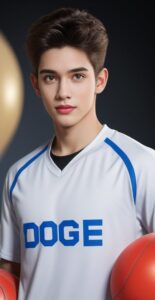 「DODGE」と書かれたユニフォームを着た青年が真剣な眼差しで前を見つめる A young man in a "DODGE" jersey staring ahead with a serious expression