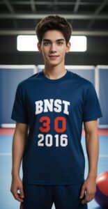 ネイビーのユニフォームを着た青年がドッジボールコートの中央で立ち姿を見せる A young man in a navy uniform standing at the center of a dodgeball court