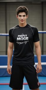 黒のスポーツウェアを着た青年がドッジボールコートでリラックスした笑顔を見せる A young man in black sportswear showing a relaxed smile on a dodgeball court