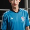 ブルーのユニフォームを着た青年が屋内コートの前で柔らかく微笑む A young man in a blue uniform gently smiling in front of an indoor court