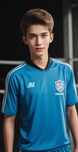 ブルーのユニフォームを着た青年が屋内コートの前で柔らかく微笑む A young man in a blue uniform gently smiling in front of an indoor court