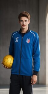 青いジャージを着た青年が黄色いハンドボールを手にして立つ A young man in a blue tracksuit standing with a yellow handball in his hand