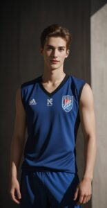 ノースリーブのハンドボールウェアを着た青年がクールな表情で立つ A young man in sleeveless handball wear standing with a cool expression