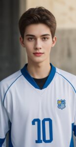 白と青の10番ユニフォームを着た青年がカメラを見つめるポートレート風の構図 A young man in a white and blue number 10 uniform staring into the camera in a portrait-style shot