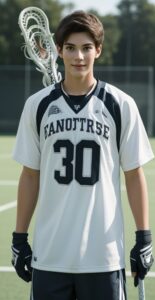 白のラクロスユニフォームを着た青年がフィールドでスティックを肩に微笑む A young man in a white lacrosse uniform smiling with his stick resting on his shoulder on the field