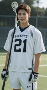 21番のラクロスユニフォームを着た青年が真剣な表情でグラウンドに立つ A young man in number 21 lacrosse uniform standing seriously on the field