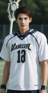 黒と白のラクロスウェアを着た青年がスティックを背にしてまっすぐ立つ A young man in black and white lacrosse wear standing upright with a stick on his back