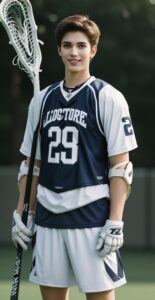 29番のユニフォームを着た青年が笑顔でラクロススティックを構える A young man in number 29 uniform smiling while holding a lacrosse stick