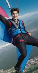カラフルなパラグライダーに乗って青空を飛ぶ青年、風を感じる笑顔 A young man flying through the blue sky on a colorful paraglider, smiling in the breeze