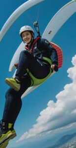 ヘルメットをかぶった青年が雲の上を滑空しながら手を振るシーン A young man wearing a helmet waving while gliding above the clouds