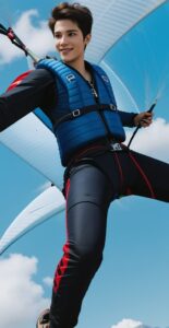 青と赤のハーネスを装着した青年が空中を優雅に飛行中 A young man soaring gracefully through the air with a blue and red harness
