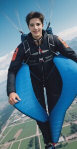 視線を前に向けて飛行する青年、足元には広がる緑の大地 A young man flying forward with a focused gaze, vast green land spreading beneath him