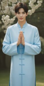 桜の木の下で合掌のポーズをとる青年、淡い水色の気功服を着用 A young man in pale blue qigong wear performing a prayer pose beneath a cherry blossom tree