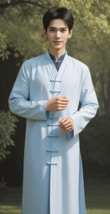 木漏れ日の中で軽くこぶしを握り立つ青年、伝統的な気功スタイル A young man standing with a gentle fist in sunlight, wearing traditional qigong attire
