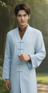 落ち着いた表情で気を整える青年、柔らかな光に包まれた静かな森の中 A young man centering his energy with a calm expression, surrounded by soft forest light