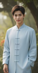 自然の中で穏やかな笑顔を浮かべる青年、清楚な気功ウェアを身にまとう A young man smiling gently in nature, dressed in elegant qigong wear