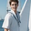 ヨットのデッキで微笑む青年、白いセーリングウェアに風を受ける姿 A young man smiling on a yacht deck, dressed in white sailing wear and feeling the breeze