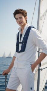 ライフジャケットを首にかけて舵のそばに立つ青年、明るい海を背景に A young man standing near the helm with a life jacket around his neck, bright sea in the background