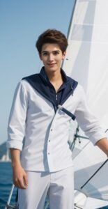 白とネイビーのセーリングシャツを着た青年がマストの前に立つ A young man in a white and navy sailing shirt standing in front of the mast