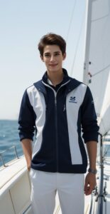 ネイビーと白のジャケットを羽織った青年がヨット上でリラックスした表情を見せる A young man in a navy and white jacket showing a relaxed expression on the yacht