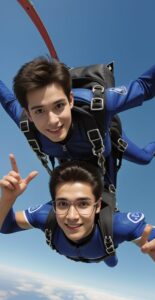 青空を背景に2人の青年がスカイダイビング中に笑顔で手を振る躍動感あふれる瞬間 Two young men smiling and waving mid-skydive against a bright blue sky